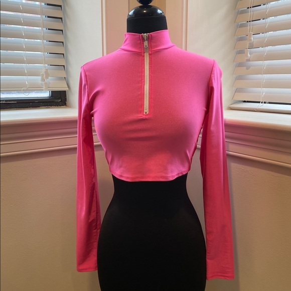 neon pink zip up crop top